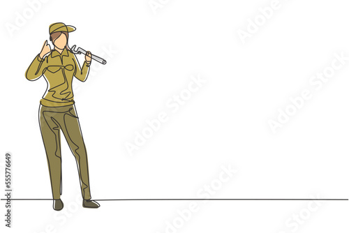Continuous one line drawing female plumber stands with call me gesture and holding carpentry tool fixing broken plumbing at home. Success business. Single line draw design vector graphic illustration