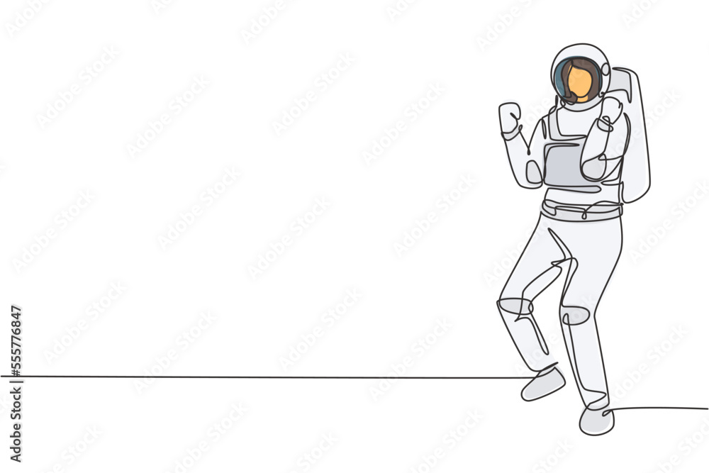 Single one line drawing female astronaut stands with celebrate gesture wearing space suit exploring earth, moon, other planets in the universe. Continuous line draw design graphic vector illustration Single one line drawing female astronaut stands with celebrate gesture wearing space suit exploring earth, moon, other planets in the universe. Continuous line draw design graphic vector illustration