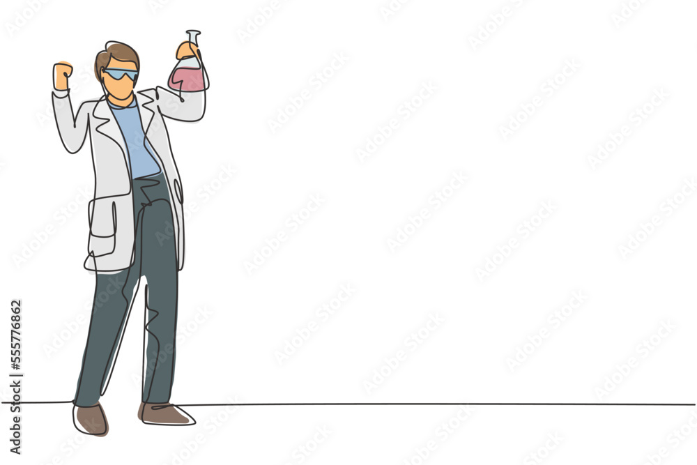 Single continuous line drawing scientist stands with celebrate gesture and holding measuring tube filled chemical liquid. Professional person. Dynamic one line draw graphic design vector illustration Single continuous line drawing scientist stands with celebrate gesture and holding measuring tube filled chemical liquid. Professional person. Dynamic one line draw graphic design vector illustration