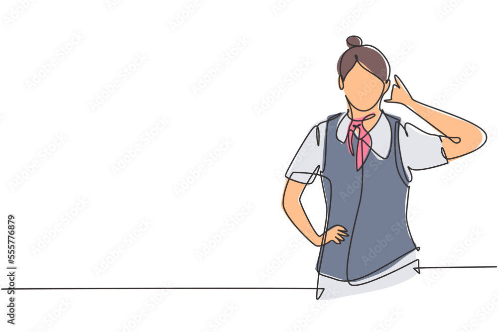 Single one line drawing flight attendant with call me gesture ready to serve airplane passengers in a friendly and warm manner. Success person. Continuous line draw design graphic vector illustration