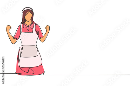 Single continuous line drawing maid in hotel with celebrate gesture and in neat uniform. Tidying up messy bed in hotel room. Professional work. Dynamic one line draw graphic design vector illustration