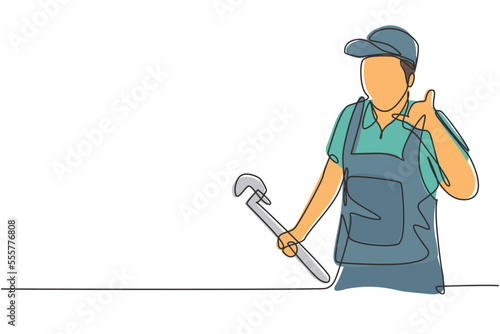 Continuous one line drawing plumber with call me gesture ready to work on repairing the leaking drain in sink and house's drains. Success business. Single line draw design vector graphic illustration