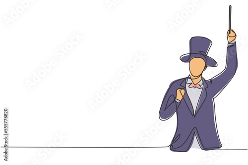 Single continuous line drawing magician with celebrate gesture wearing hat and holding magic stick ready to entertain audience at television show. One line draw graphic design vector illustration