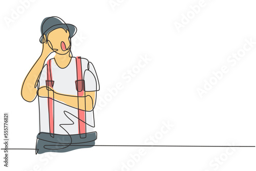 Single one line drawing mime artist with call me gesture and white face make-up puts on a silent motion comedy show at circus arena. Modern continuous line draw design graphic vector illustration