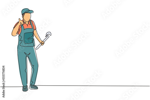 Single one line drawing plumber stands with call me gesture and holding carpentry tool fixing broken plumbing at home. Success business. Modern continuous line draw design graphic vector illustration
