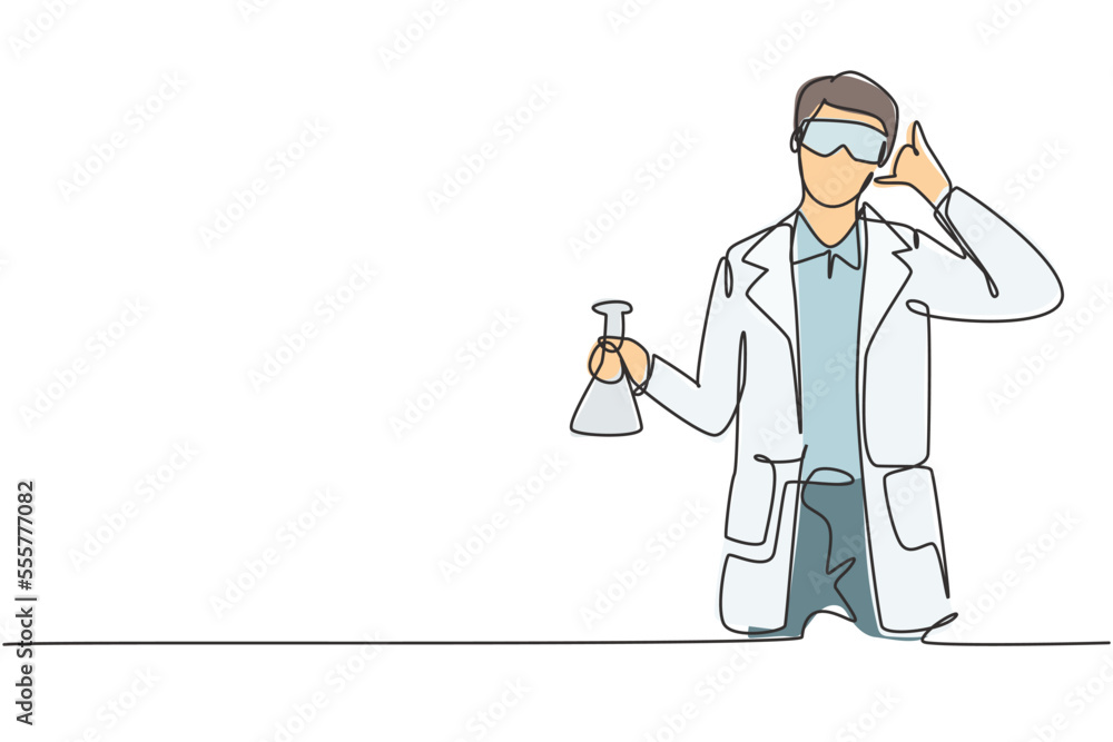 Single one line drawing scientist with call me gesture and holding measuring tube to examining chemical solution to make vaccine. Success job. Continuous line draw design graphic vector illustration Single one line drawing scientist with call me gesture and holding measuring tube to examining chemical solution to make vaccine. Success job. Continuous line draw design graphic vector illustration