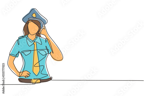 Single one line drawing female pilot with call me gesture and full uniform ready to fly with cabin crew in aircraft at international airport. Continuous line draw design graphic vector illustration