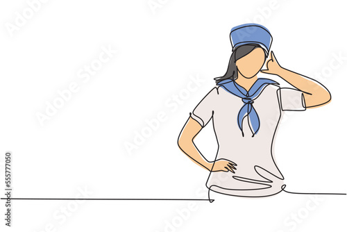 Single continuous line drawing sailor woman with call me gesture and scarf around her neck ready sail across seas in a ship headed by captain. Dynamic one line draw graphic design vector illustration