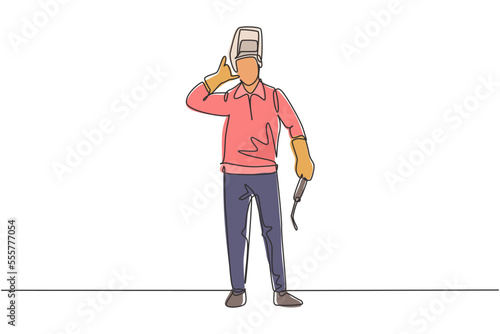 Single one line drawing welder stands with call me gesture and face shield removed ready to work in his iron workshop. Success business. Modern continuous line draw design graphic vector illustration