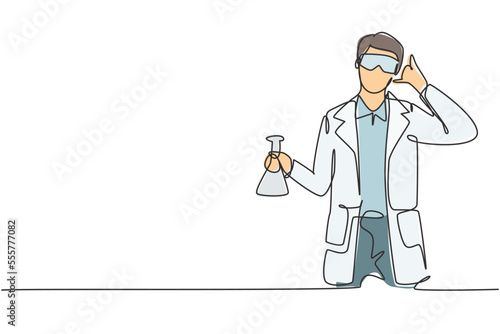 Single one line drawing scientist with call me gesture and holding measuring tube to examining chemical solution to make vaccine. Success job. Continuous line draw design graphic vector illustration
