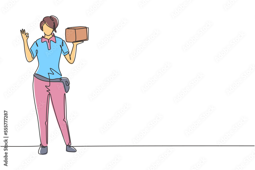 Single continuous line drawing delivery woman stands with gesture okay carrying package box that customer order to be delivered safely. Success job. One line draw graphic design vector illustration Single continuous line drawing delivery woman stands with gesture okay carrying package box that customer order to be delivered safely. Success job. One line draw graphic design vector illustration