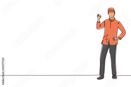 Single one line drawing of doorman stood with one hand on his waist and the other with gesture okay. Working with great hospitality. Modern continuous line draw design graphic vector illustration