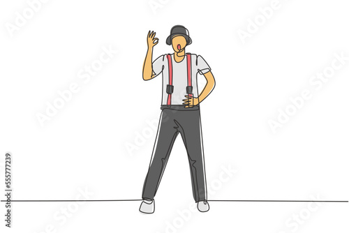 Single continuous line drawing mime artist stands with gesture okay and white face make-up makes audience laugh with silent comedy. Great show. Dynamic one line draw graphic design vector illustration