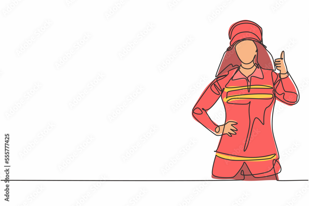 Single continuous line drawing female firefighters in uniform complete with a thumbs-up gesture prepare to put out the fire that burned the building. One line draw graphic design vector illustration