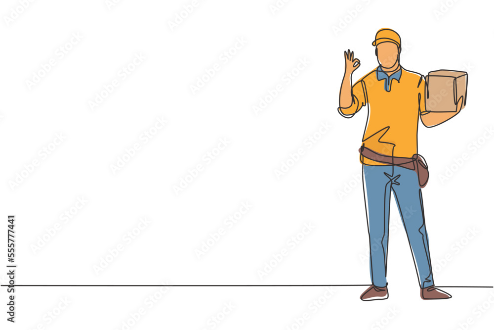 Stockvector Continuous one line drawing deliveryman stands with gesture  okay carrying package box that customer order to be delivered safely.  Success business. Single line draw design vector graphic illustration |  Adobe Stock