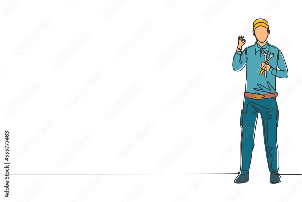 Continuous one line drawing male mechanic stands up with gesture okay and holding wrench to perform maintenance on vehicle engine. Success business. Single line draw design vector graphic illustration Continuous one line drawing male mechanic stands up with gesture okay and holding wrench to perform maintenance on vehicle engine. Success business. Single line draw design vector graphic illustration