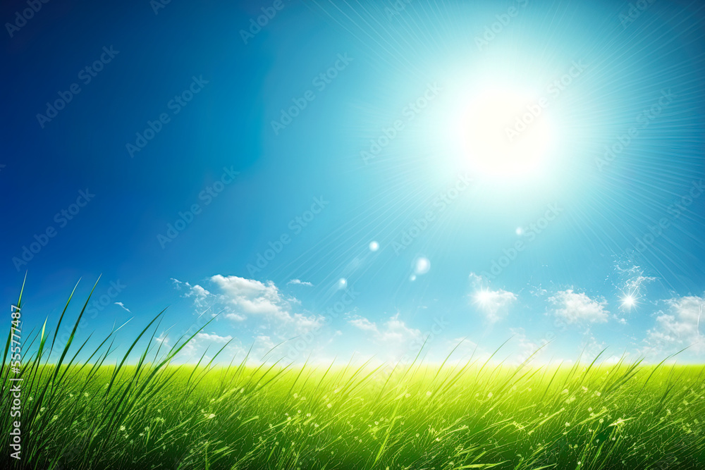 Background of summer scenery with a green grass field, blue sky, and brilliant sun. Generative AI