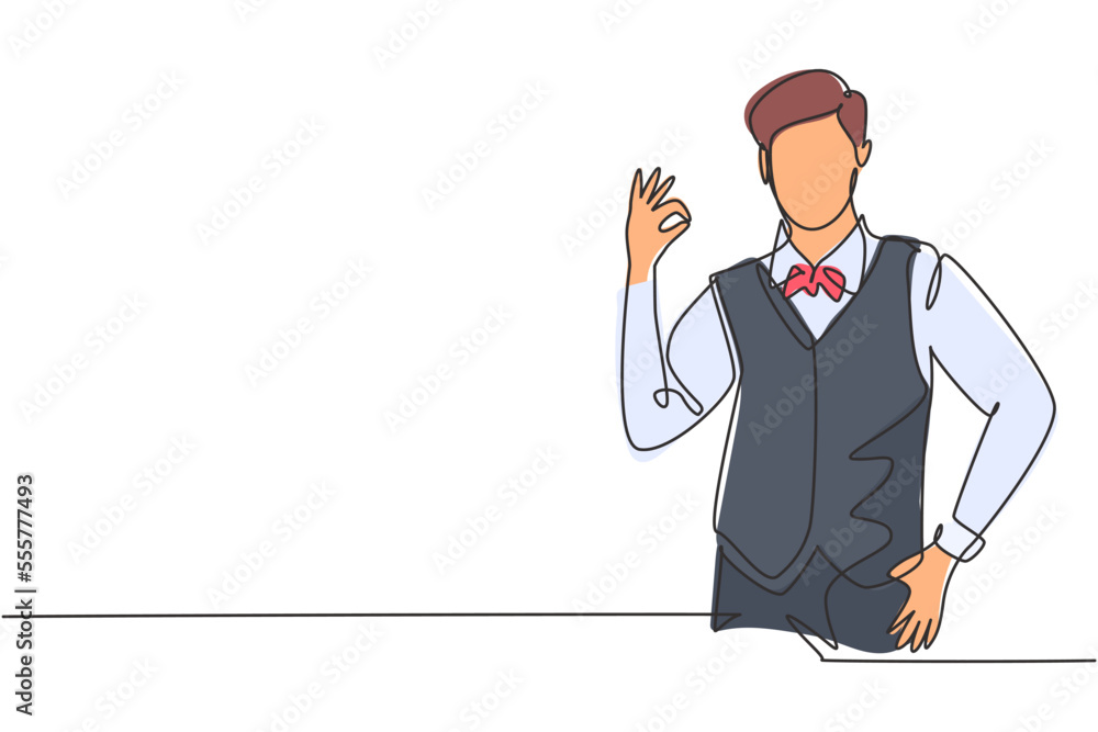 Single one line drawing of steward with gesture okay ready to serve airplane passengers in a friendly and warm manner. Professional work. Modern continuous line draw design graphic vector illustration Single one line drawing of steward with gesture okay ready to serve airplane passengers in a friendly and warm manner. Professional work. Modern continuous line draw design graphic vector illustration