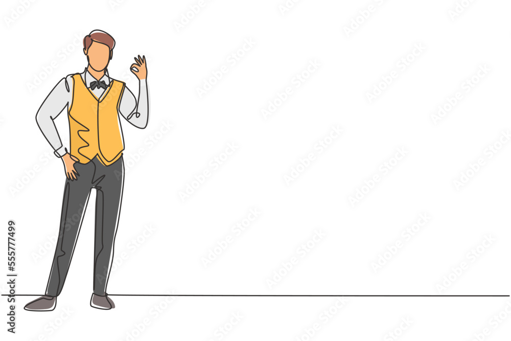 Single one line drawing of steward stands in uniform with gesture okay prepare at the airport with the crew flying to their destination. Modern continuous line draw design graphic vector illustration Single one line drawing of steward stands in uniform with gesture okay prepare at the airport with the crew flying to their destination. Modern continuous line draw design graphic vector illustration