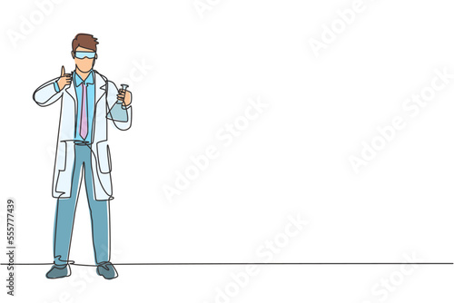 Single continuous line drawing the scientist stands with a thumbs-up gesture and holding a measuring tube filled with a chemical liquid. Dynamic one line draw graphic design vector illustration.
