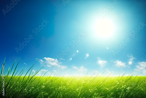Background of summer scenery with a green grass field, blue sky, and brilliant sun. Generative AI