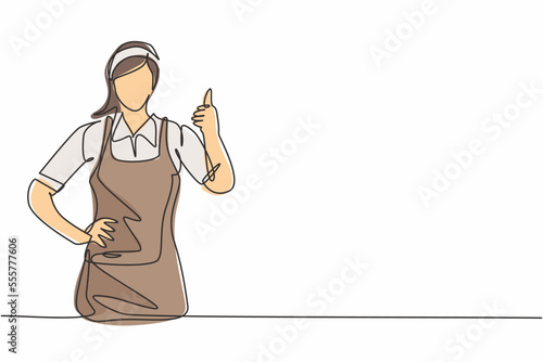 Single continuous line drawing hotel maids in uniform and gesture thumbs up. Work deftly to make and prepare the bed in a professional manner. Dynamic one line draw graphic design vector illustration