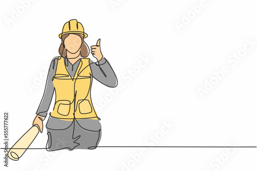 Continuous one line drawing female architect with a gesture of raising his thumb and wearing a helmet carried a building construction drawing paper. Single line draw design vector graphic illustration