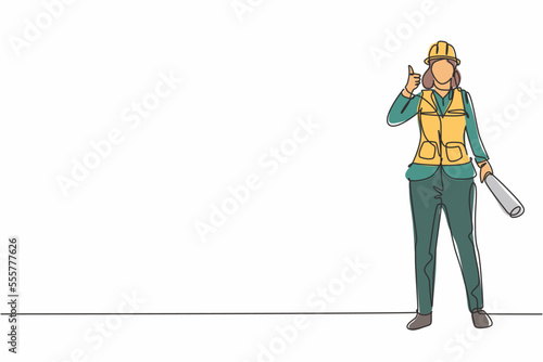 Continuous one line drawing the female architect stands with a thumbs-up gesture and wears a helmet with a blueprint for the building's work plan. Single line draw design vector graphic illustration.
