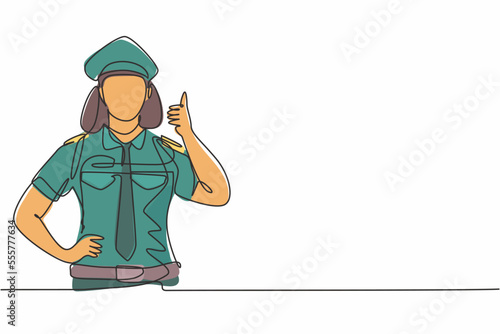 Single one line drawing of a woman pilot with a thumbs-up gesture and in full uniform ready to fly with the cabin crew on the plane at airport. Continuous line draw design graphic vector illustration