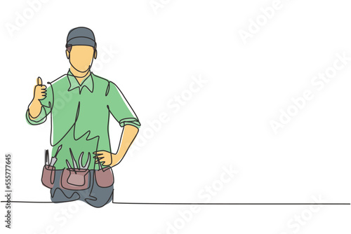 Single one line drawing of the handyman with the thumbs-up gesture is ready to work on repairing the damaged part of the house. Modern continuous line draw design graphic vector illustration.