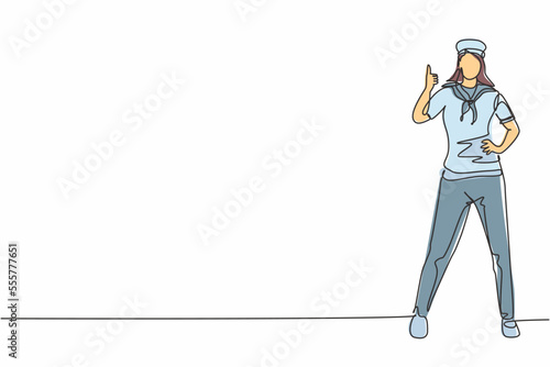 Single one line drawing of sailor woman stands with a thumbs-up gesture to be part of a cruise ship carrying passengers traveling across seas. Continuous line draw design graphic vector illustration