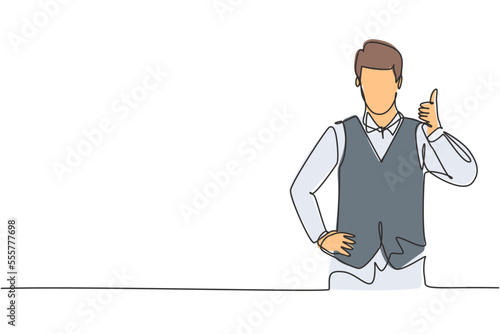 Single continuous line drawing the steward with a thumbs-up gesture is ready to serve airplane passengers in a friendly and warm manner. Dynamic one line draw graphic design vector illustration.