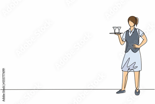 Continuous one line drawing of young beautiful female waitress holding tray with hands on hip. Professional job profession minimalist concept. Single line draw design vector graphic illustration