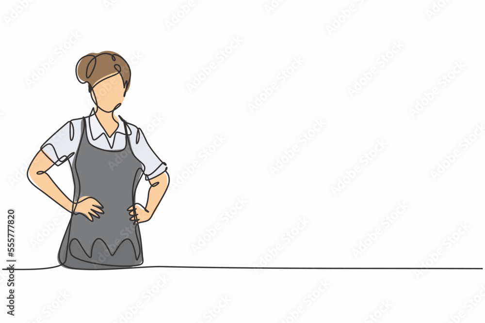Single one line drawing of young beauty female house maid posing with hands on hip. Professional work profession and occupation minimal concept. Continuous line draw design graphic vector illustration Single one line drawing of young beauty female house maid posing with hands on hip. Professional work profession and occupation minimal concept. Continuous line draw design graphic vector illustration