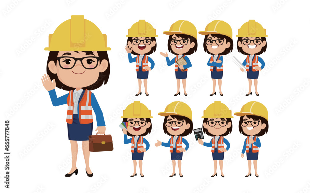 Set of flat engineer with different poses