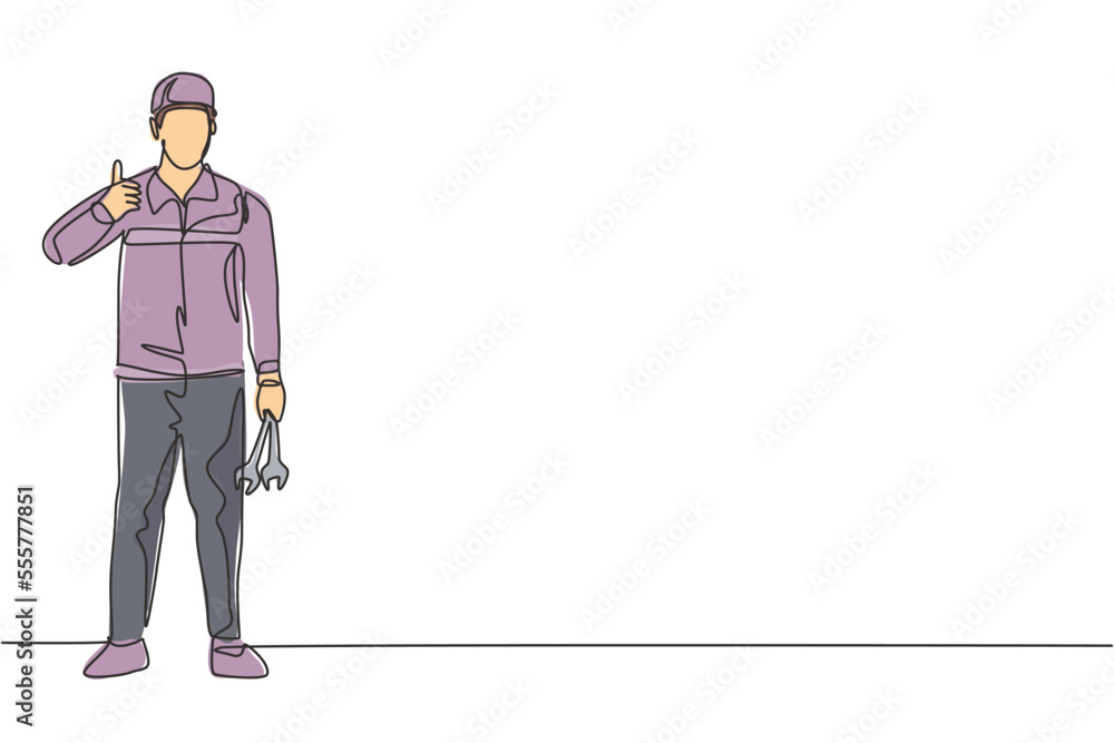 Continuous one line drawing mechanic stands up with a thumbs-up gesture and holding the wrench to perform maintenance on the vehicle engine. Single line draw design vector graphic illustration. Continuous one line drawing mechanic stands up with a thumbs-up gesture and holding the wrench to perform maintenance on the vehicle engine. Single line draw design vector graphic illustration.