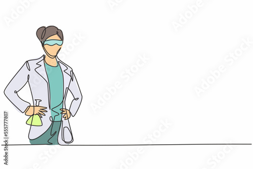 Single continuous line drawing of young female scientist holding flask with hands on hip. Professional work job occupation. Minimalism concept one line draw graphic design vector illustration