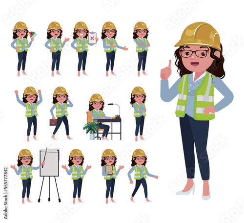 Set of flat engineer with different poses