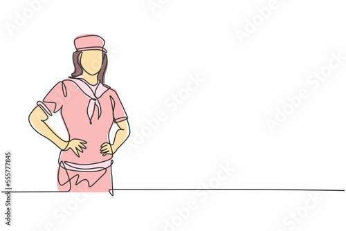 Single one line drawing of young beauty sailor female posing with hands on hip. Professional work profession and occupation minimal concept. Continuous line draw design graphic vector illustration