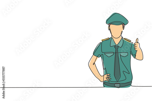 Single one line drawing of pilot with a thumbs-up gesture and full uniform is ready to fly with the cabin crew with the aircraft at the airport. Continuous line draw design graphic vector illustration