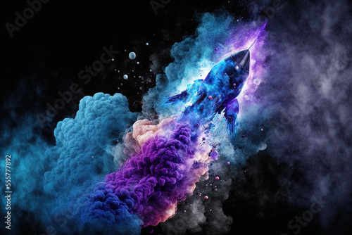 Authentic blue violet fire explosion and space rocket flame smoke composition on translucent. Generative AI © 2rogan