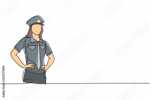 Continuous one line drawing of young beauty female police on uniform standing with hands on hip. Professional job profession minimalist concept. Single line draw design vector graphic illustration