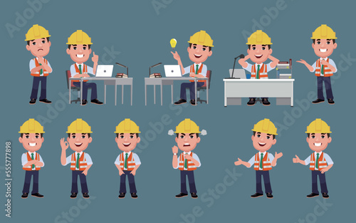 Set of flat engineer with different poses
