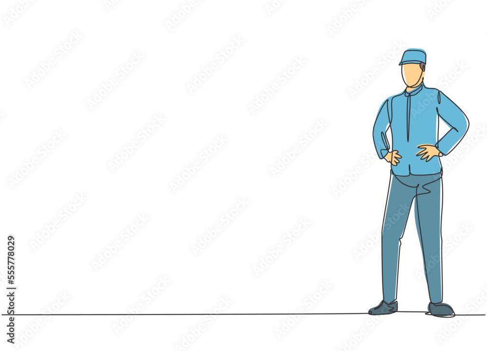 Continuous one line drawing of young handsome doorman pose standing and waiting for hotel guests. Professional job profession minimalist concept. Single line draw design vector graphic illustration Continuous one line drawing of young handsome doorman pose standing and waiting for hotel guests. Professional job profession minimalist concept. Single line draw design vector graphic illustration