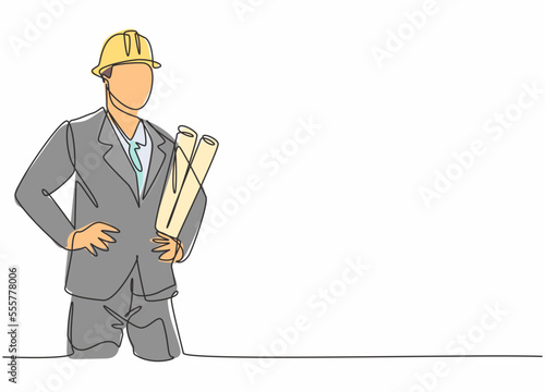 Single one line drawing of young male architect holding blueprint paper. Professional work profession and occupation minimal concept. Continuous line draw design graphic vector illustration