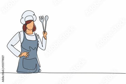 Single one line drawing of young beauty female chef posing with hands on hip. Professional work profession and occupation minimal concept. Continuous line draw design graphic vector illustration