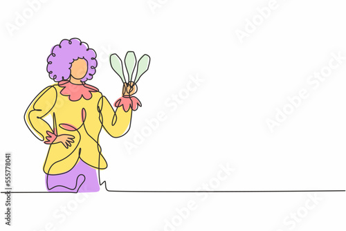 Continuous one line drawing young beautiful funny female clown holding juggling with hands on hip. Professional job profession minimalist concept. Single line draw design vector graphic illustration