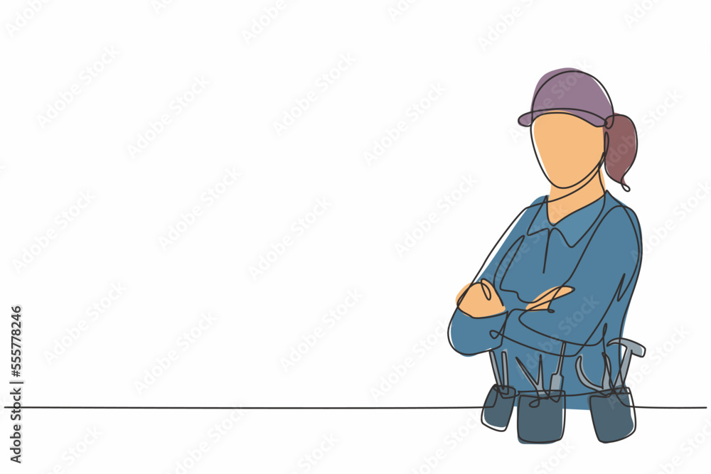 Fototapeta premium Continuous one line drawing of young handy woman pose cross arms on chest before going to work. Professional job profession minimalist concept. Single line draw design vector graphic illustration