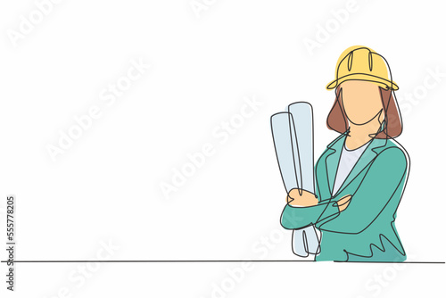 Single continuous line drawing of young female architect holding blueprint paper pose cross arms. Professional work job occupation. Minimalism concept one line draw graphic design vector illustration