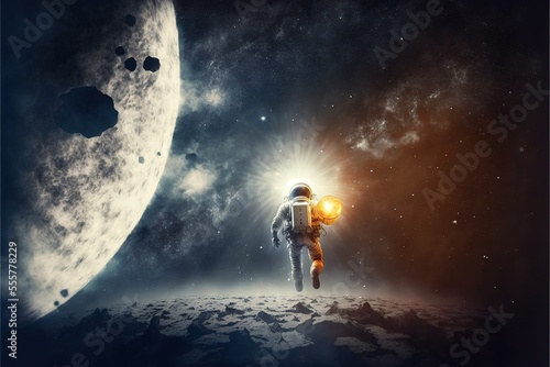 Astronaut on a cold planet in space, snowy mountain landscape. Fantasy space landscape with an astronaut, neon. AI